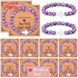 12-Piece Natural Stone Cross Bracelets with Religious Cards for Women